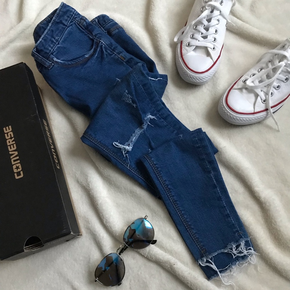 Trendy Distressed, Ripped Blue Ankle Jegging Denim